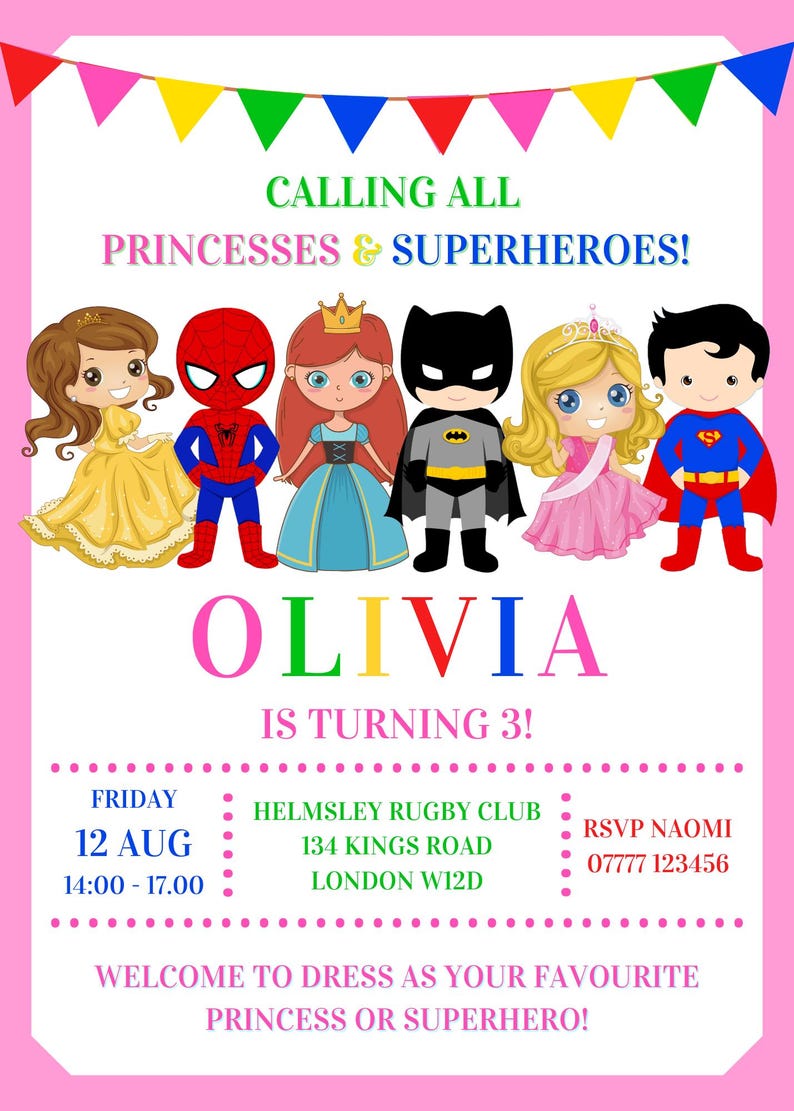 Pink Princesses Superheroes Birthday Party Invitation Princess ...