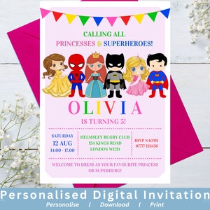 Pink Princesses Superheroes Birthday Party Invitation Princess Superhero Theme Party Personalized Invite Colorful Princess Superhero Invite