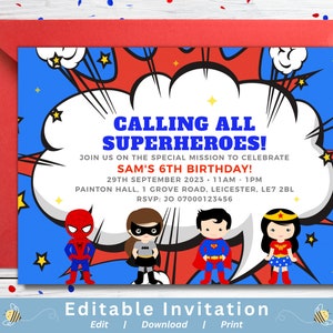 Blue Superhero Birthday Party Invitation Cute Child Superhero Birthday Invite Comic Book Style Personalised Printable Digital File