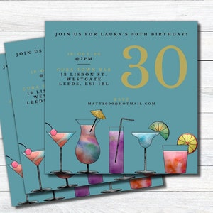 30e verjaardagsfeestje uitnodigen Teal Blue verjaardagsfeestje uitnodiging gouden cocktail verjaardag uitnodigen gepersonaliseerde gedrukte uitnodigen cocktail thema