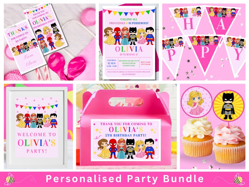 Pink Princesses Superheroes Theme Birthday Party Bundle Personalized ...