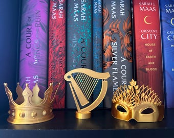 The Dead Trove, Book Shelf Decor, Bookish Merch, ACOTAR Inspired Bookshelf Decor, Crown, Harp, Mask