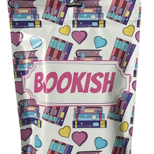 May include: White resealable bag with a pink and white label that says "BOOKISH". The bag has a repeating pattern of stacks of colorful books and hearts.