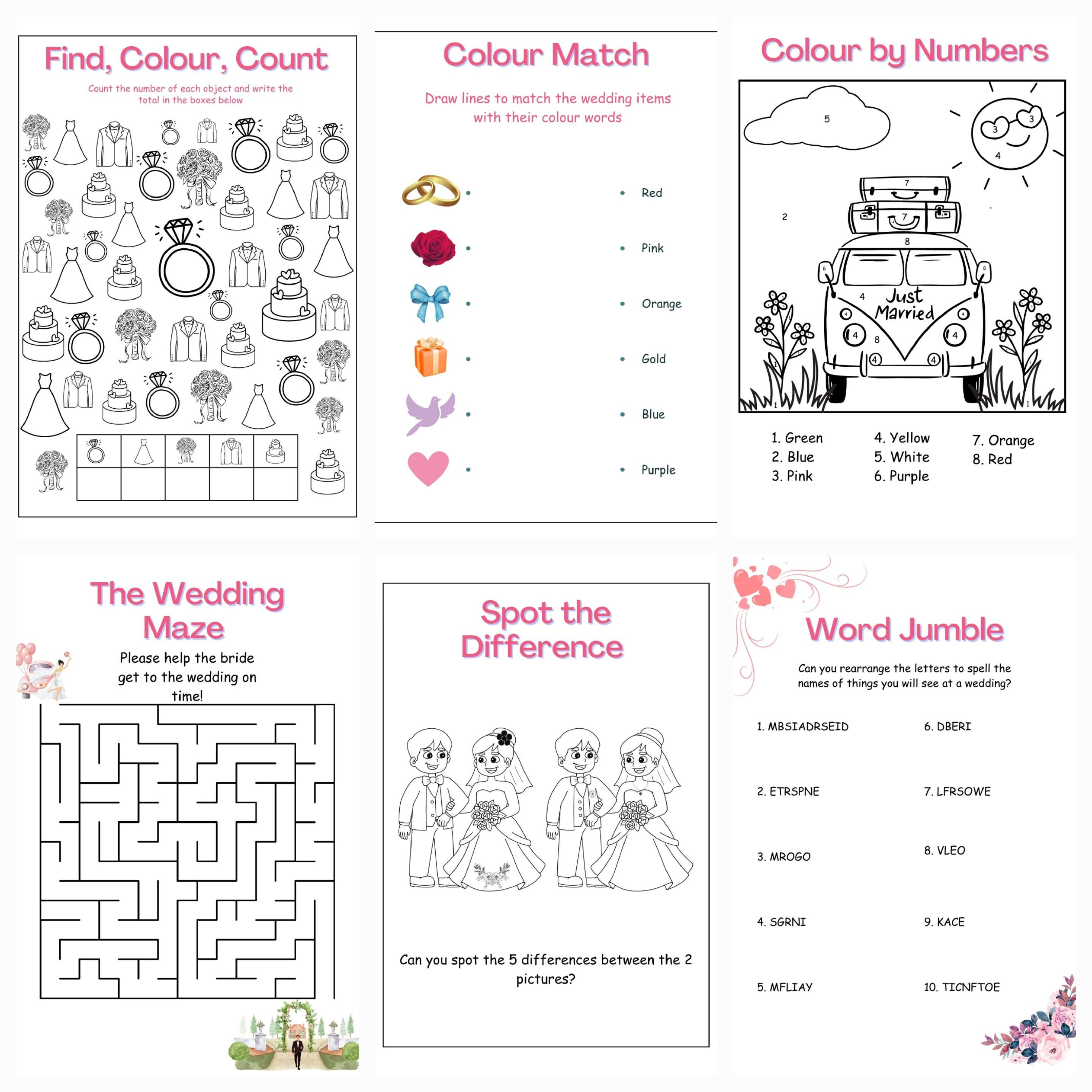 Printable Wedding Activity Pack, Wedding Favours, Wedding Favors for Children, Wedding Activity ...