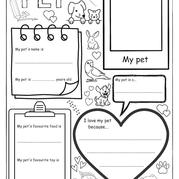 All About my Pet, Digital Download Printable PDF, Activity Sheets for Kids, Home Learning Resource, Worksheets for Kids, Colouring Sheet