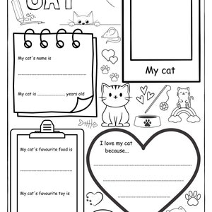 Può includere: Foglio di attività stampabile in bianco e nero intitolato "All About My CAT". Include sezioni da compilare per il nome, l'età, il cibo e il giocattolo preferiti del gatto. Presenta illustrazioni di gatti e il testo "My cat".
