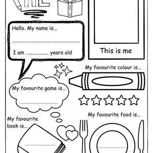 Peut inclure: Feuille de travail imprimable en noir et blanc intitulée « All About Me ». Comprend des sections à remplir pour le nom, l'âge, la couleur préférée, le jeu, le livre et la nourriture, ainsi qu'un espace pour dessiner.