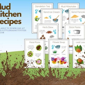 May include: A collection of illustrated "Mud Kitchen Recipes" cards, including "Dandelion Tea" and "Sand Ice Cream." The cards feature step-by-step instructions and colorful illustrations for outdoor play activities. Text on the cards includes "AVAILABLE TO DOWNLOAD AT HTTPS://LITTLEBEARACTIVITIES.ETSY.COM."
