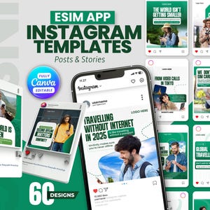 May include: A digital collection of Instagram templates for an eSIM app, featuring a smartphone displaying a social media feed with green and white graphics, travel-themed photography, and text overlays including "Travelling without internet in 2025."