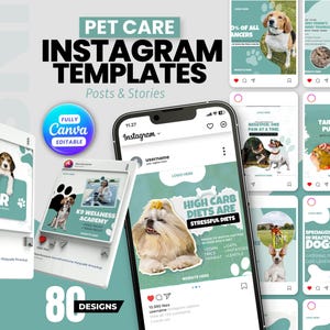 May include: A collection of 80 editable Instagram templates for pet care, featuring various dog breeds, paw print graphics, and text layouts on a teal and white background. The designs include placeholders for logos, photos, and captions for social media.