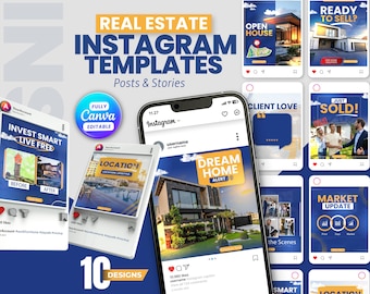 10 Real Estate Instagram Templates, Editable Canva Posts for Realtors, Just Listed & Just Sold Social Media Kit, Real Estate Agent Content
