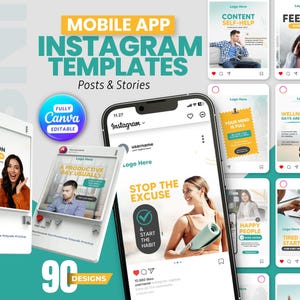 Op de afbeelding: Een collectie van 90 Instagram-sjablonen voor mobiele apps voor berichten en verhalen, met diverse lay-outs en tekst zoals "Motivation", "Stop the Excuse" en "Wellness Days Are Nice", weergegeven op een smartphonescherm en digitale kaarten.
