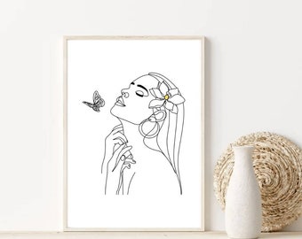 female line art, one line drawing, feminine wall art, above bed art, girly wall art, wall art download