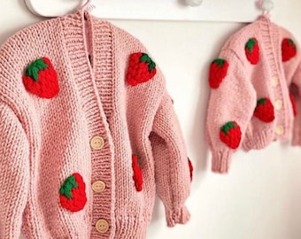 Mum and daughter hand knitted Strawberries Cardigans