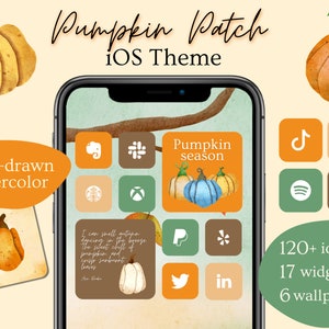 Pumpkin Patch iOS Theme | Fall Phone Aesthetic | iPhone Icons Widgets Wallpaper | Orange Green Cream Brown Hand Drawn Watercolor Design