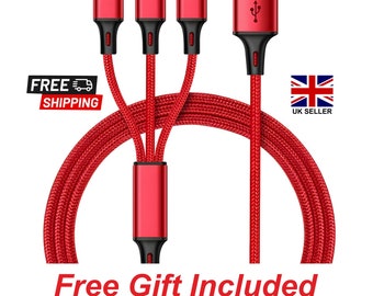 Universal 3 in 1 Multi Head Fast USB Charging Cable 1.2 Meter Long - Charging for Most Devices Such as IOS iPhone Android phones Samsung Red