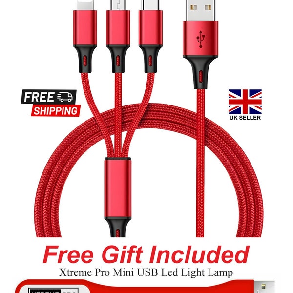 Universal 3 in 1 Multi Head Fast USB Charging Cable 1.2 Meter Long - Charging for Most Devices Such as IOS iPhone Android phones Samsung Red