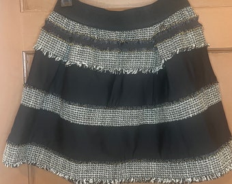 Black Boucle Mixed Material Full Mini Skirt Pleats Fit and Flare Size M