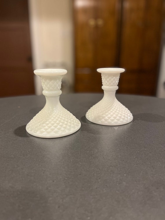 Vintage Milk Glass Candlesticks Pair of Matching Etsy
