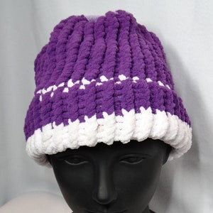 Super soft handmade one-of-a-kind knitted purple and white winter hat