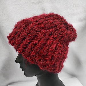 Fuzzy deep red handmade knitted hat with a brim