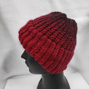 Deep red and black ombre handmade knitted hat with a brim