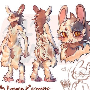 Peut inclure: Illustration numérique d'un personnage furry, une créature ressemblant à un lapin avec une fourrure marron et crème. Le personnage est montré sous plusieurs angles, y compris une vue complète du corps et un gros plan du visage. Le texte "My Fursona example" est en bas.