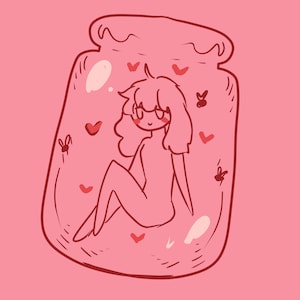 Peut inclure: Illustration rose d'une personne à l'intérieur d'un bocal, entourée de cœurs et de petites figures ressemblant à des insectes. La personne a les cheveux longs et est assise les jambes croisées. Le bocal a un couvercle et est posé sur un fond rose.