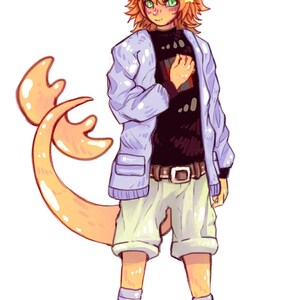 K&ouml;nnte beinhalten: Illustration einer Figur mit orangefarbenem Haar, gr&uuml;nen Augen und sternf&ouml;rmigen Haaraccessoires. Die Figur tr&auml;gt ein schwarzes Hemd, eine hellblaue Jacke, wei&szlig;e Shorts und Stiefel. Ein gro&szlig;er, orangefarbener, flossenartiger Schwanz erstreckt sich vom R&uuml;cken der Figur.