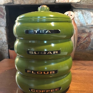 Vintage  Metal Canister set Pagoda style Tea Sugar Flour and Coffee  Groovy Green