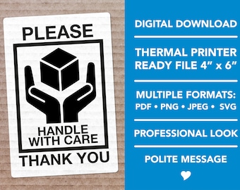 Handle With Care Label: 4x6 Thermal Printer File (Digital Download)