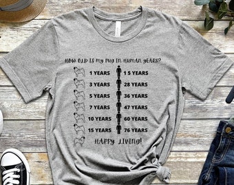 Pug age in human years shirt, Unisex pug shirt, pug lover shirt, dog lover shirt, dog owner shirt, pug shirt, gift pug shirt,