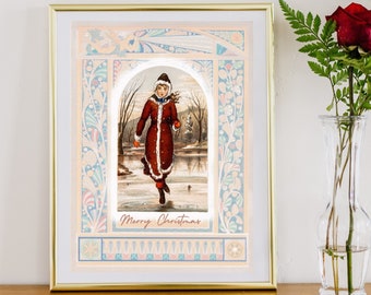 Vintage Woman Portrait | Skating woman Print | Antique Art Print Christmas | Winter Wonderland | Digital Download | Printable Wall Art |