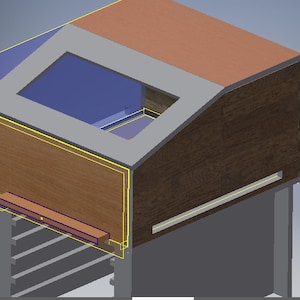 Può includere: Rendering 3D di un mobile in legno con piano inclinato e apertura rettangolare. Il mobile ha una finitura a venature marroni, una cornice grigia attorno all'apertura e un piano color rame. Il mobile è su una base grigia.