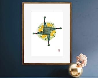Saint Brigid's Cross with snowdrops and dandelions