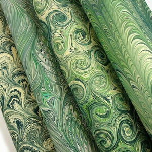 Mixed greens A2 marbled paper | Hand made genuine marbling | Unique decorative paper for bookbinding, card making, papercrafts, paper art
