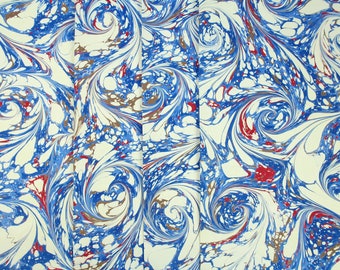 A3 hand marbled paper | Blue, cream, red, brown drawn stone pattern | Handmade marbled paper