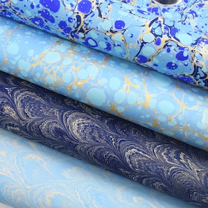Hand marbled paper sheets in Blue and gold | A2 genuine marbling | Decorative paper for scrapbooking, bookbinding, card making, paper craft