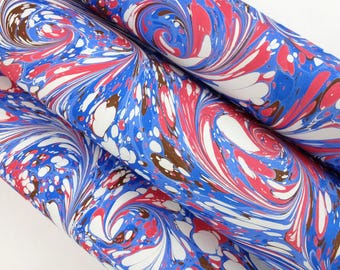 Handmade A3 Marbled Paper | Blue, Red Drawn Stone Pattern