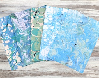 Note cards pack Marbled paper printed design | Greetings card in 5 marble patterns in blue and green | A6 blank inside