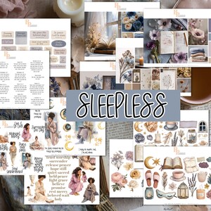 May include: A collection of planner stickers, journal cards, and decorative elements with a soft, muted color palette. The word "SLEEPLESS" is displayed in a banner. The images include illustrations of women, flowers, books, and celestial motifs.
