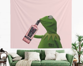 Kermit Sipping Pink Whitney Tapestry, Hostel Dorm Decor, Funny Kermit Meme Flag, Kermit the Frog Wall Hanging, Kermit Muppet Fan Tapestry