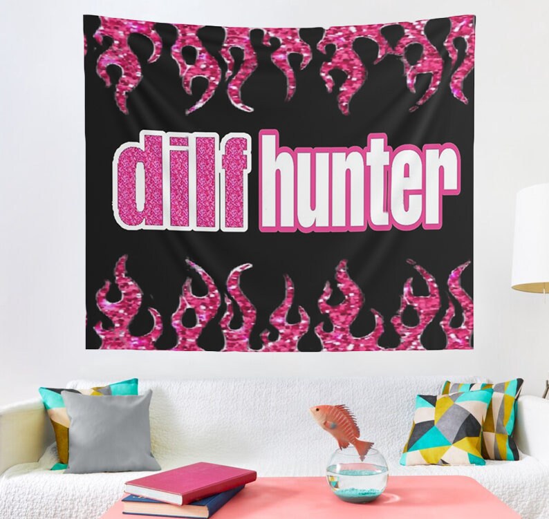 DILF Hunter Tapestry, Hostel Dorm Decor, DILF Hunter Wall Hanging Gift, Funny Meme Tapestry, DILF Hunter Tapestry, Best Party Room Decor 