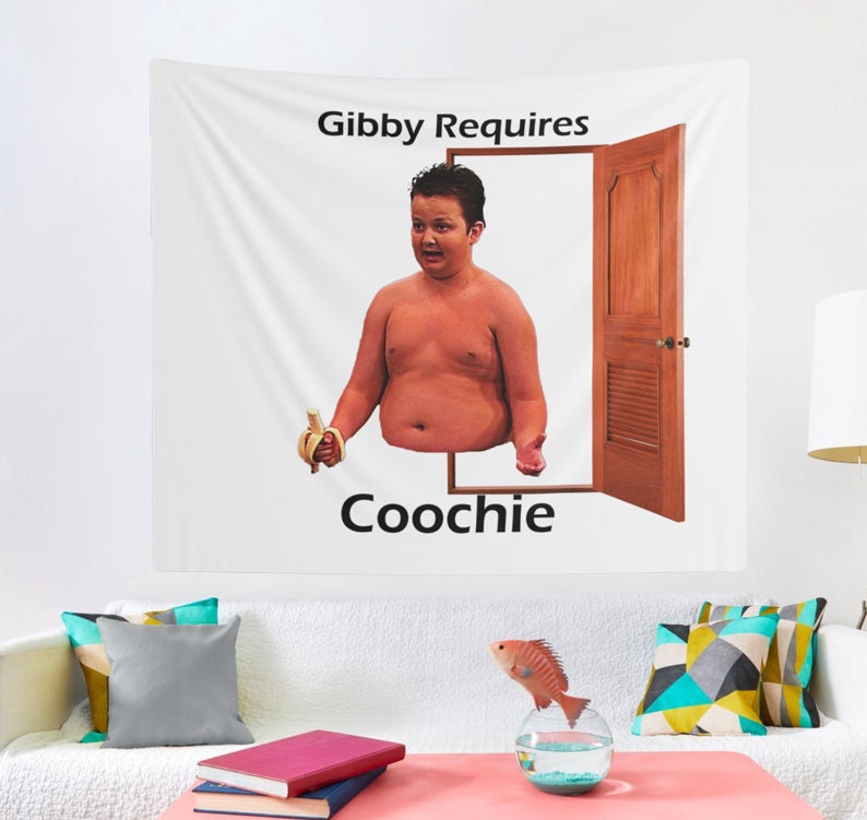 Gibby Requires Coochie Wall Tapestry , Hostel Dorm Decor,  Funny Gibby Meme Flag, Gibby Meme Wall Hanging Gift Idea, Gibby Fans, Gibby Party 