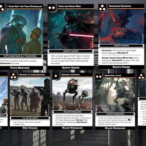 Puede incluir: Un conjunto de diez cartas de intercambio de Star Wars con personajes y escenas del universo de Star Wars. Las cartas est&aacute;n en formato de cuadr&iacute;cula e incluyen im&aacute;genes de Darth Vader, Quinto Hermano, Director Orson Krennic, Moff Gideon, Mayor Marquand y otros personajes. Las cartas tienen texto en ellas, incluidos los nombres de los personajes, los t&iacute;tulos de las cartas y las descripciones.