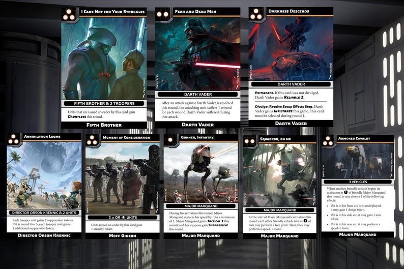 Puede incluir: Un conjunto de diez cartas de intercambio de Star Wars con personajes y escenas del universo de Star Wars. Las cartas est&aacute;n en formato de cuadr&iacute;cula e incluyen im&aacute;genes de Darth Vader, Quinto Hermano, Director Orson Krennic, Moff Gideon, Mayor Marquand y otros personajes. Las cartas tienen texto en ellas, incluidos los nombres de los personajes, los t&iacute;tulos de las cartas y las descripciones.