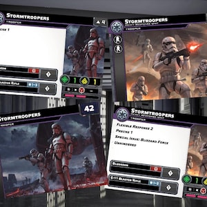 Puede incluir: Cuatro cartas de juego de Star Wars: Legi&oacute;n con Stormtroopers. Las cartas son moradas y negras con texto blanco. Las cartas tienen diferentes estad&iacute;sticas y habilidades. Las cartas muestran im&aacute;genes de Stormtroopers en batalla.