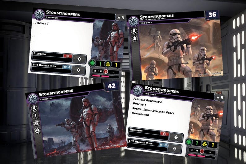 Puede incluir: Cuatro cartas de juego de Star Wars: Legi&oacute;n con Stormtroopers. Las cartas son moradas y negras con texto blanco. Las cartas tienen diferentes estad&iacute;sticas y habilidades. Las cartas muestran im&aacute;genes de Stormtroopers en batalla.