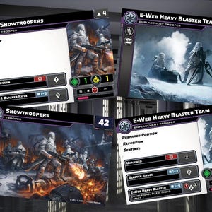 Puede incluir: Dos cartas de juego de Star Wars: Legi&oacute;n que representan a Snowtroopers y un equipo de blasters pesados E-Web. La carta de Snowtroopers muestra un escuadr&oacute;n de soldados con armadura blanca disparando blasters en un campo de batalla nevado. La carta de E-Web Heavy Blaster Team muestra un equipo de soldados operando un ca&ntilde;&oacute;n pesado en un paisaje nevado.