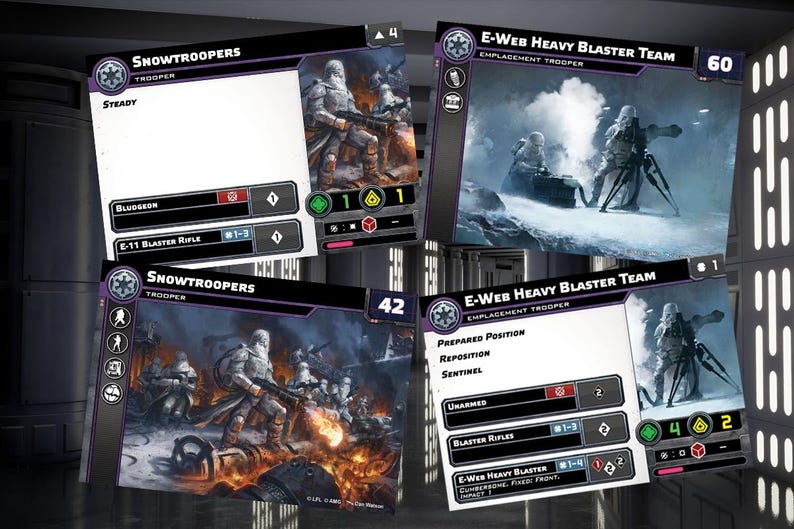 Puede incluir: Dos cartas de juego de Star Wars: Legi&oacute;n que representan a Snowtroopers y un equipo de blasters pesados E-Web. La carta de Snowtroopers muestra un escuadr&oacute;n de soldados con armadura blanca disparando blasters en un campo de batalla nevado. La carta de E-Web Heavy Blaster Team muestra un equipo de soldados operando un ca&ntilde;&oacute;n pesado en un paisaje nevado.
